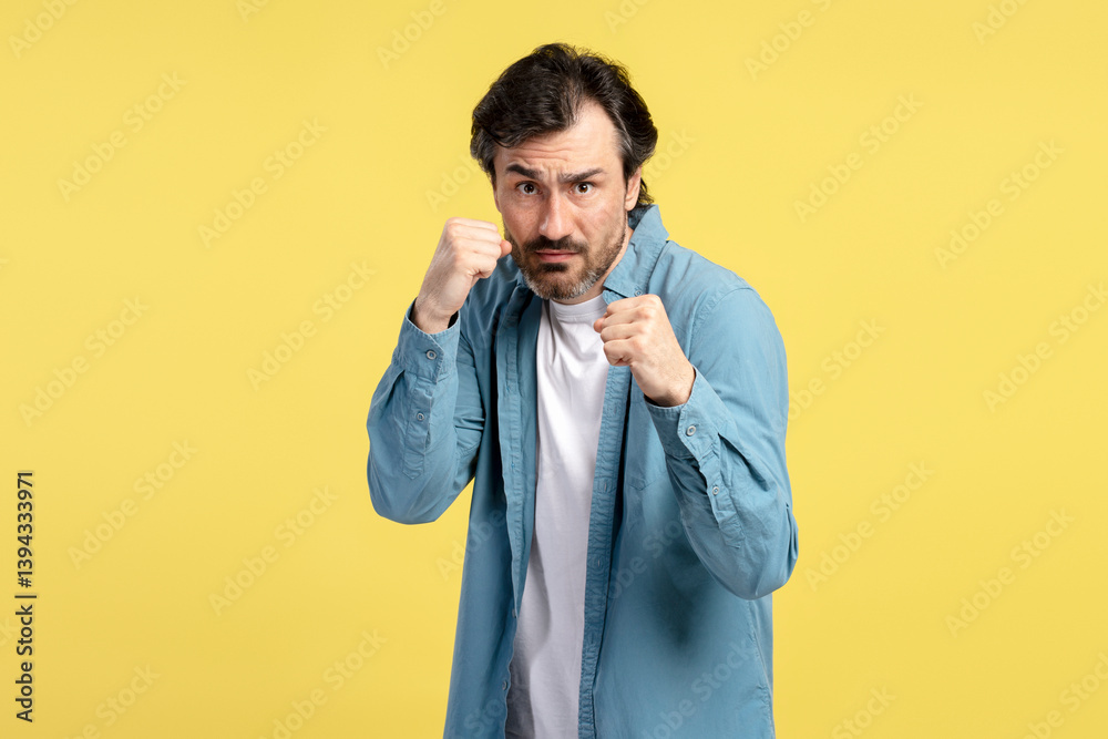 Determined man raising fists in fighting stance on yellow background Determined man raising fists in fighting stance on yellow background