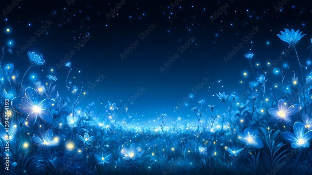 Glowing blue flowers illuminated at night under starry skies