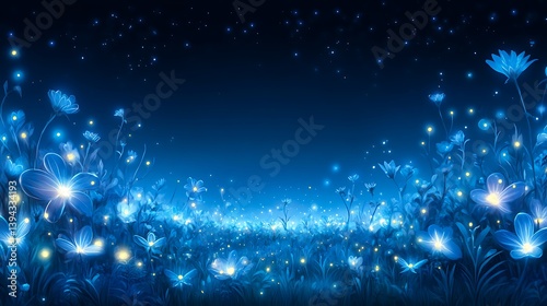 Obraz na płótnie Glowing blue flowers illuminated at night under starry skies w salonie