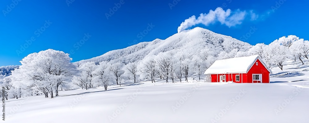 A vibrant red house stands in a snowy winter landscape