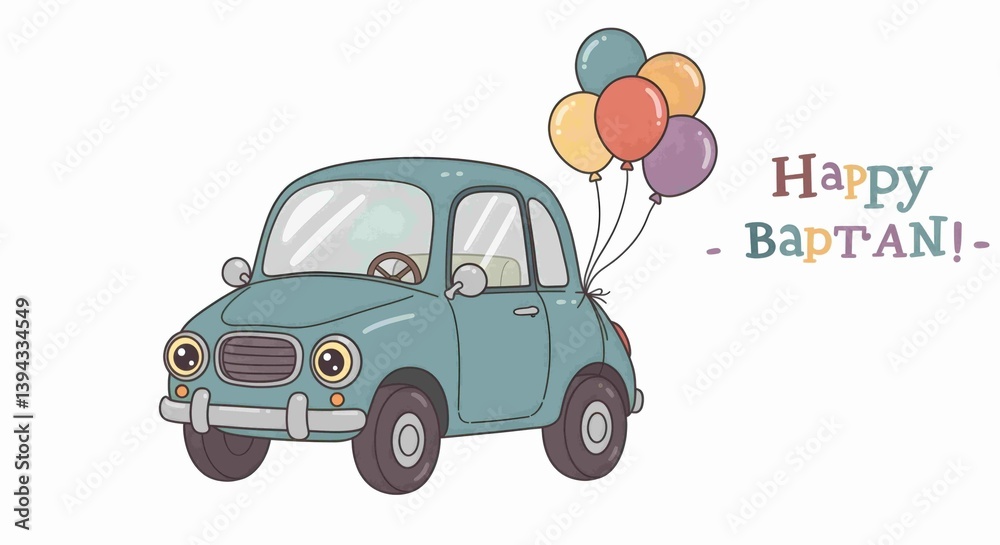 Fototapeta Cute cartoon car with balloons celebrating a special event, festive occasion.