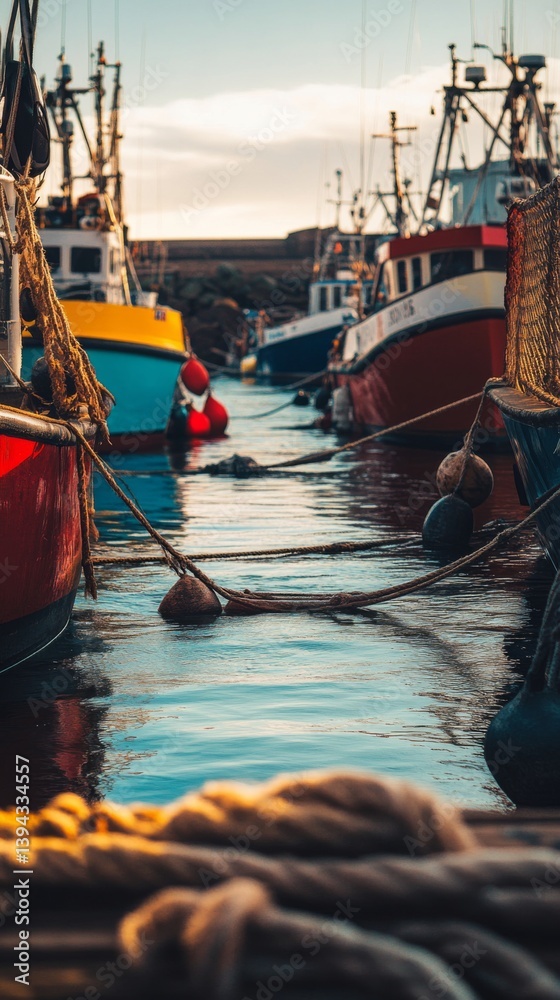 Colorful fishing boats are anchored in a serene harbor. The calm waters reflect the vibrant hues of the vessels. This image captures the tranquility of seaside life. Generative AI