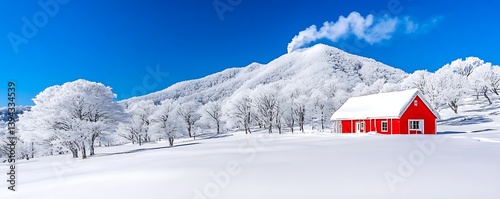 A vibrant red house stands in a snowy winter landscape