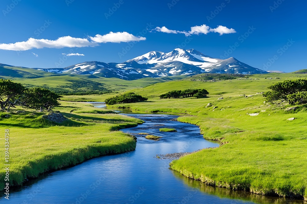A flowing river and snowy mountain across green pasture land