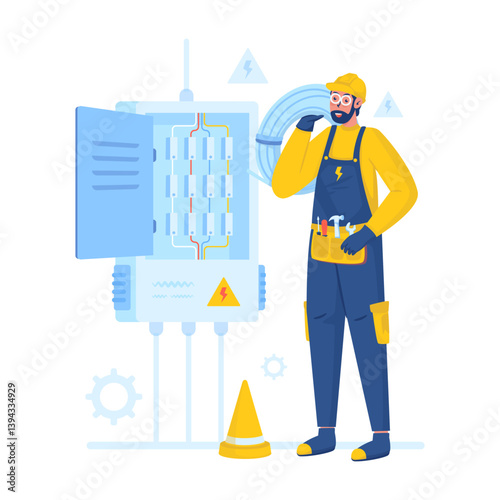 Electrician character repairing electrical power box installation vector illustration