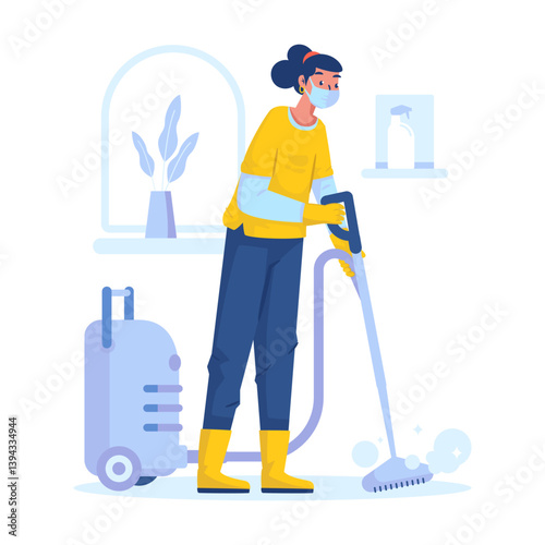 Female character cleaning the floor with vacuum cleaner vector illustration