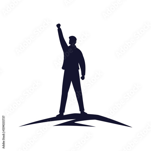 Successful Man Raising Fist on Peak Silhouette Vector Illustration