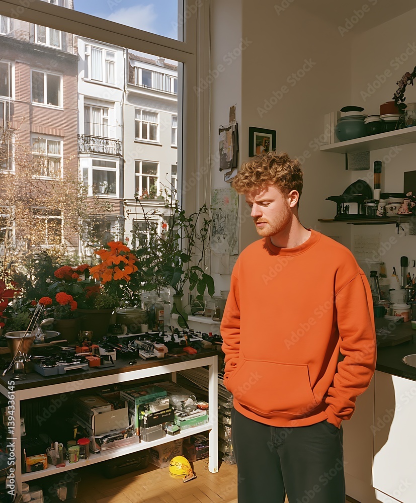 A young man stands by window looking contemplative in apartment