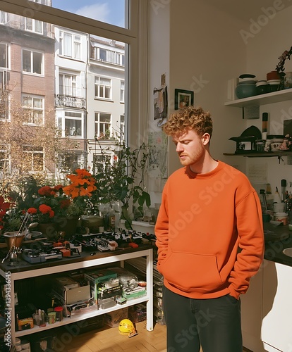 Obraz na płótnie A young man stands by window looking contemplative in apartment w salonie