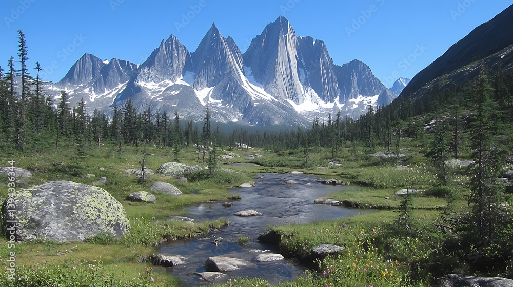 Jagged mountains and a small stream are the picture highlights