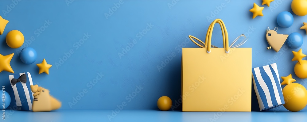 Yellow gift bag surrounded by decorations on a light blue background