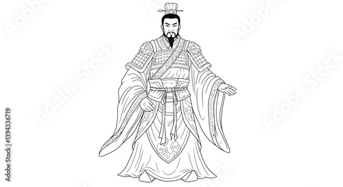 Disciplined Chinese Warrior Drawing Wearing Authentic Traditional Armor With Calm Composed Face Historical Battle Art