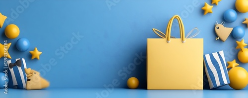 Obraz na płótnie Yellow gift bag surrounded by decorations on a light blue background w salonie