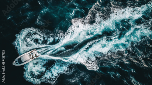 Speed Boat in Motion from Above. Aerial view of a luxury speed boat cutting through deep blue ocean water, leaving a dynamic trail of white waves behind.