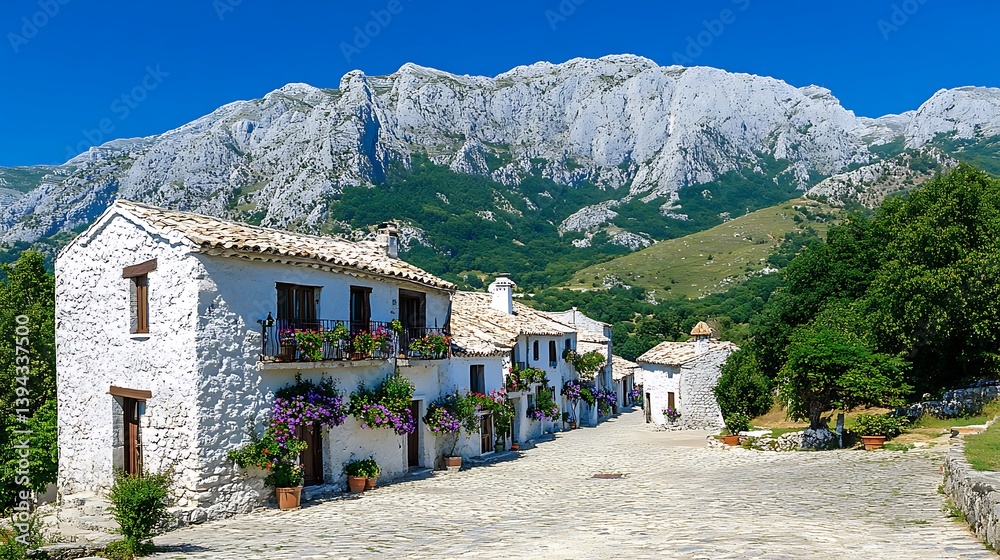 White buildings with floral decorations and a scenic mountain backdrop