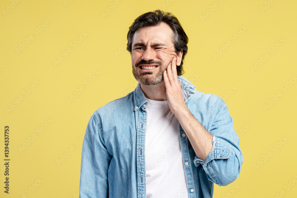 Man suffering from toothache touching cheek on yellow background Man suffering from toothache touching cheek on yellow background