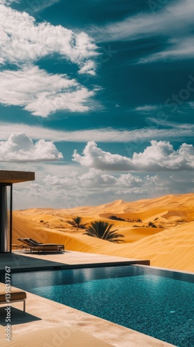 Explore a stunning desert oasis with a luxurious pool. Relax and unwind in a serene environment surrounded by golden dunes. A perfect retreat for leisure. Generative AI