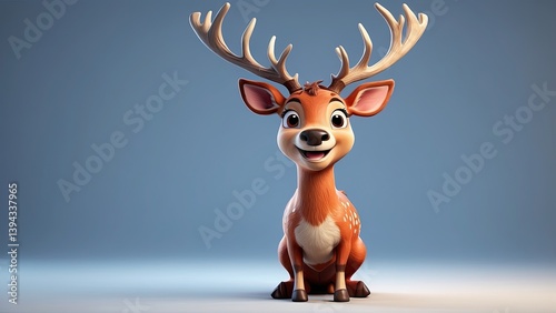 A cheerful cartoon reindeer with large, playful antlers and a bright red nose