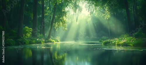 Obraz na płótnie Sunlight streams through lush green trees over a serene lake w salonie
