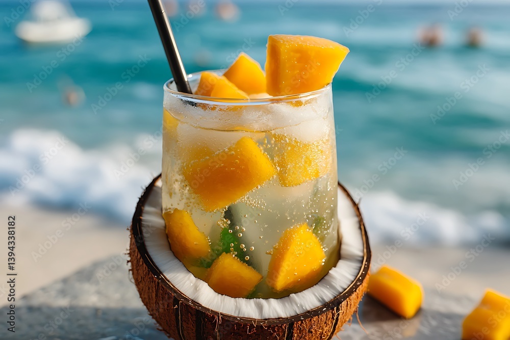 Refreshing tropical cocktail in a coconut shell by the ocean