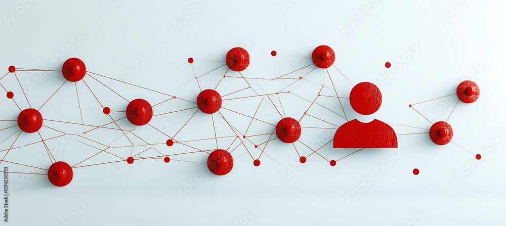 Red connected spheres and a human icon representing a network
