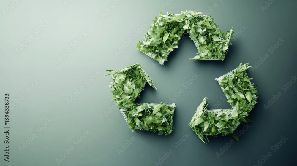 Green recycle icon formed from fish swimming in circular pattern