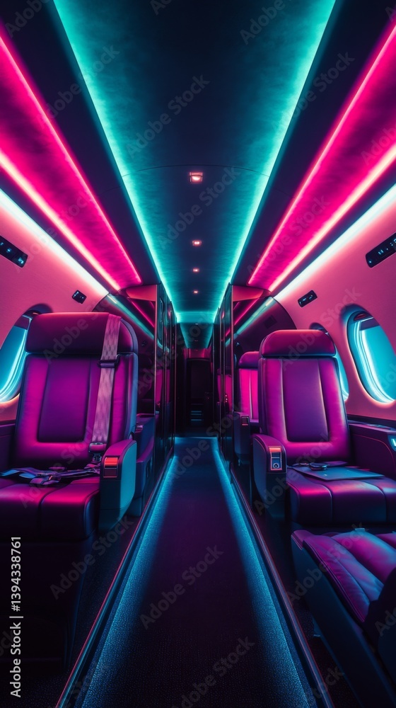 Experience modern luxury in this stunning aircraft interior. Neon lights create a vibrant atmosphere. A perfect getaway for travel. Generative AI