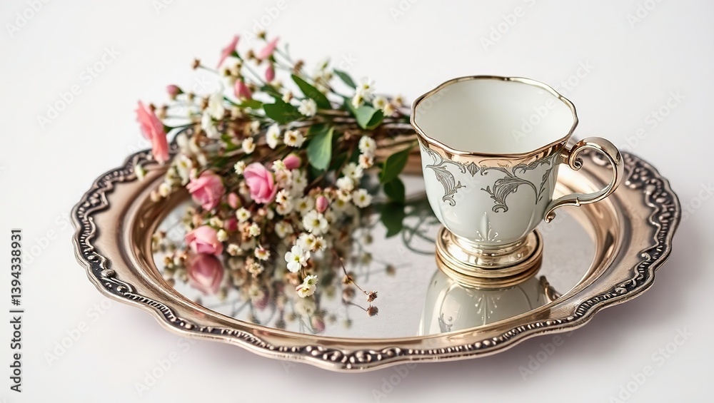 Fototapeta premium Antique Silver Tray with Vintage Teacup and Floral Arrangement