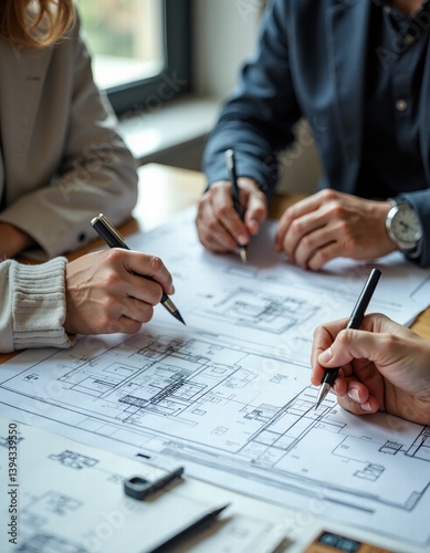 Collaborative team discussing architectural blueprints at office meeting table