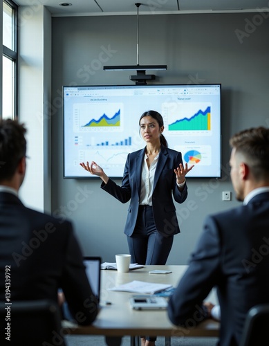 Confident female leader presenting data insights to team in modern office setting