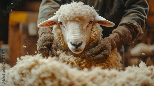 A close-up view of a sheep being sheared by a farmer. The scene is peaceful and evokes the beauty of rural life. The Gentle Shear: A Shepherd and His Flock