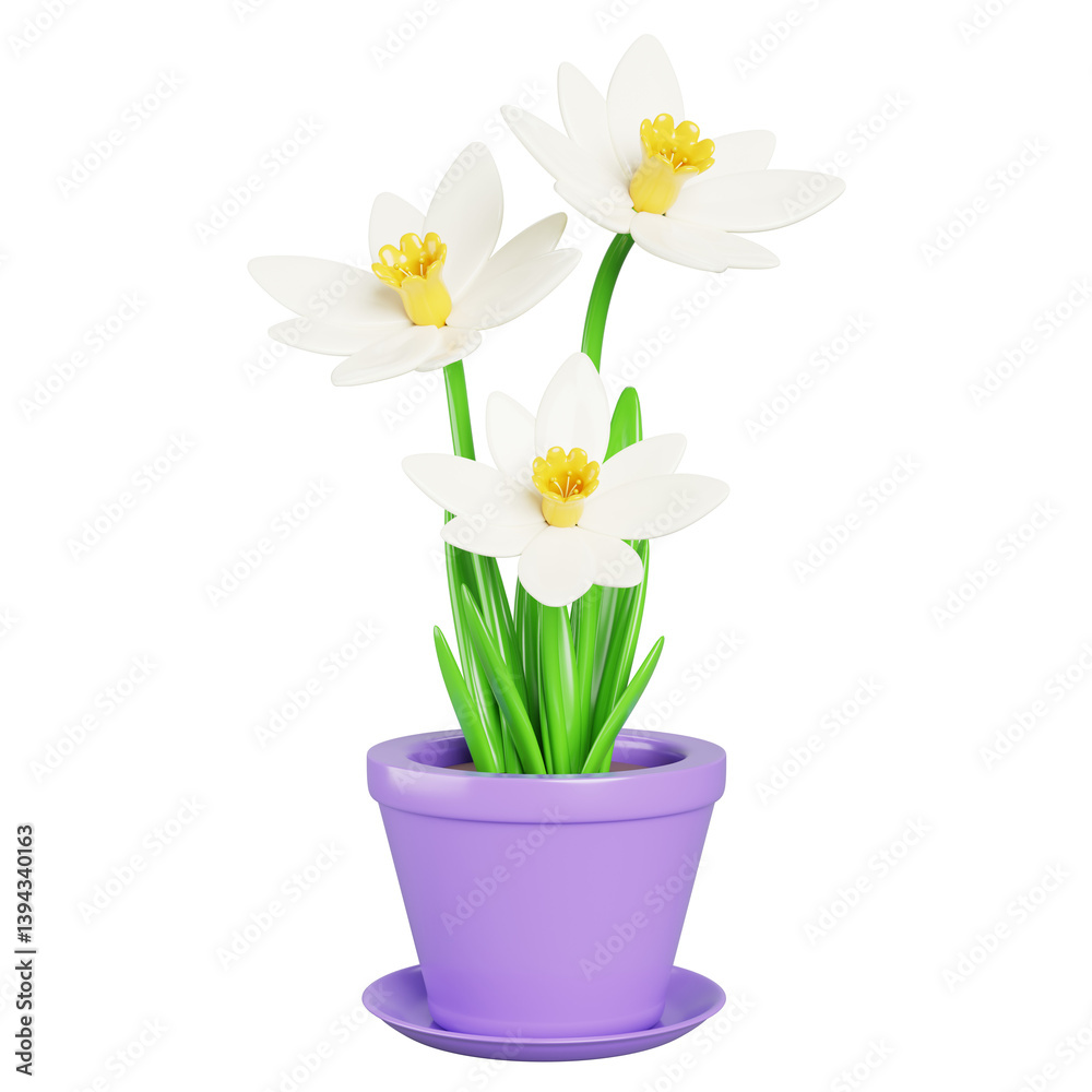 3d narcissus flower in pot cartoon render icon. Realistic daffodil floral plant in flowerpot or vase for summer home garden, house or office interior decor. Isolated cute houseplant 3d narcissus flower in pot cartoon render icon. Realistic daffodil floral plant in flowerpot or vase for summer home garden, house or office interior decor. Isolated cute houseplant