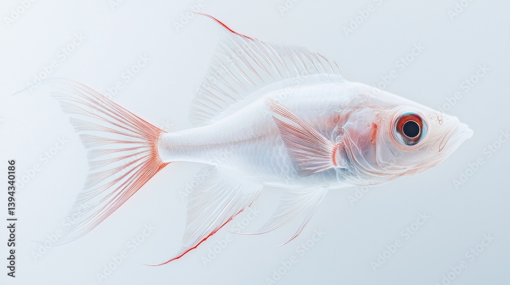 Delicate clear-bodied fish with a hint of red swimming gracefully in a serene water environment during daylight Delicate clear-bodied fish with a hint of red swimming gracefully in a serene water environment during daylight