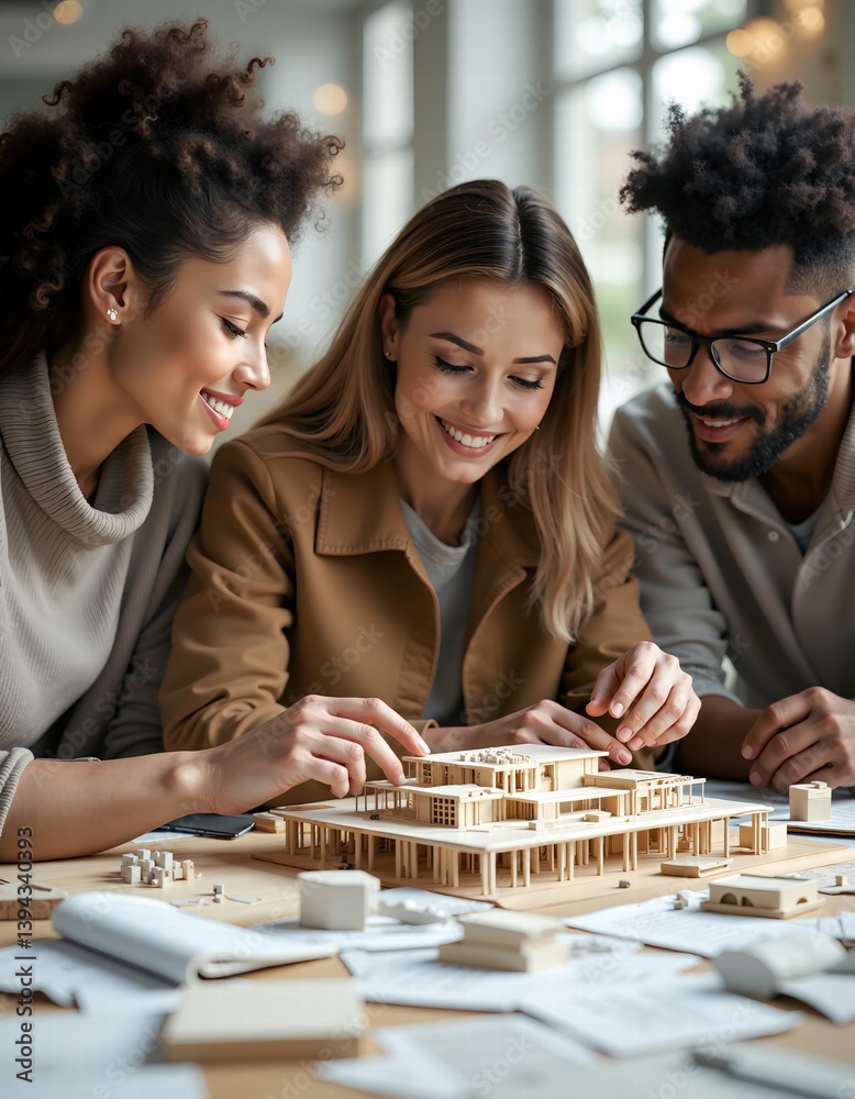 Diverse team of young professionals collaborating on architectural model in bright office setting Diverse team of young professionals collaborating on architectural model in bright office setting