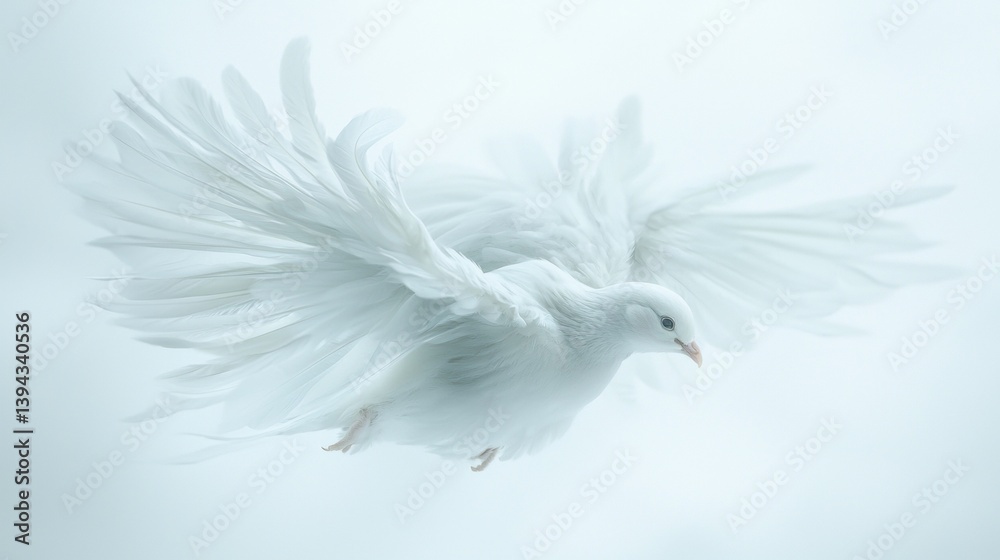 Fototapeta premium White dove gliding gracefully against a soft, cloudy background in a serene atmosphere