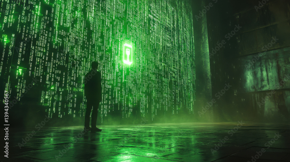 hacker in a dark room facing a wall of encrypted data, with green code