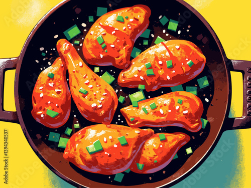 Japanese teriyaki chicken, glazed with rich sauce, sprinkled with white sesame seeds and chopped green scallions