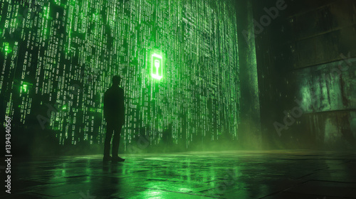 Obraz na płótnie hacker in a dark room facing a wall of encrypted data, with green code w salonie