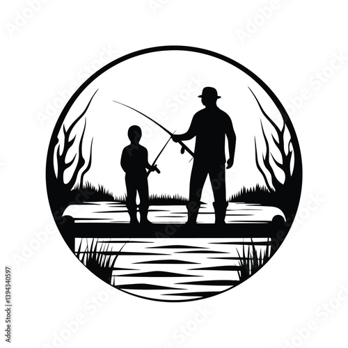 Father and Son Fishing Silhouette, Pond, Nature, Black and White, Bonding, Outdoors