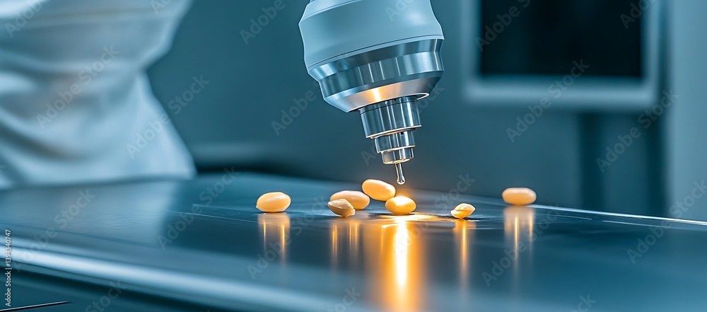 Automated precision machine dispensing pills on a metal surface