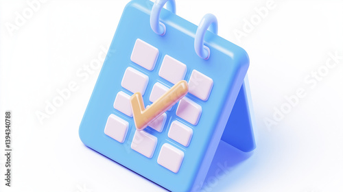 Calendar icon with check mark in simple blue design on white background with copy space