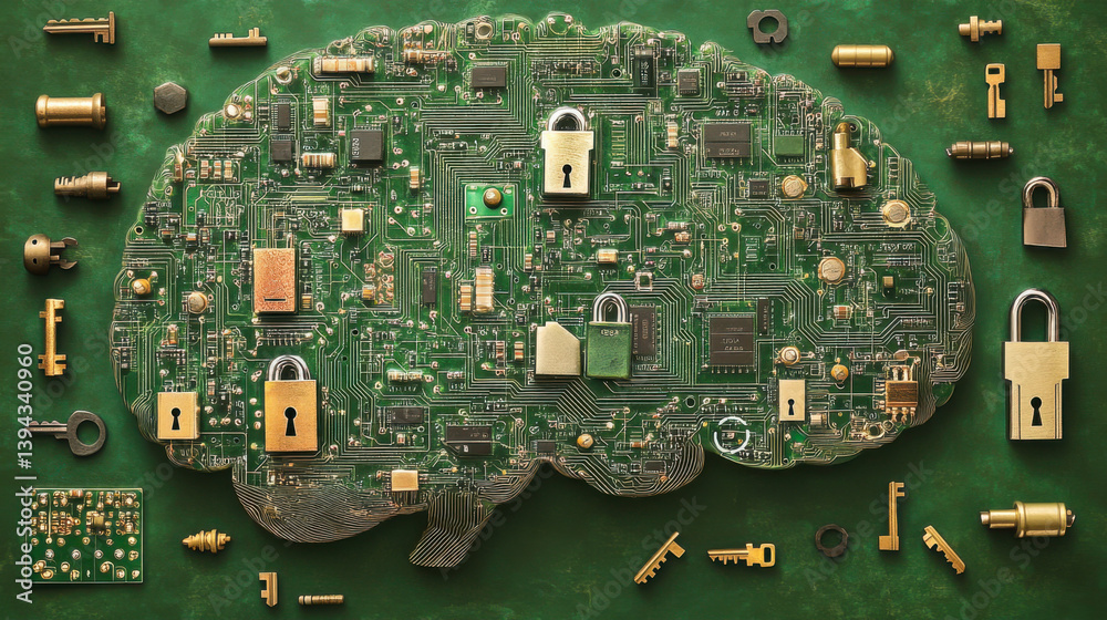 abstract visual of a human brain made of circuit board patterns
