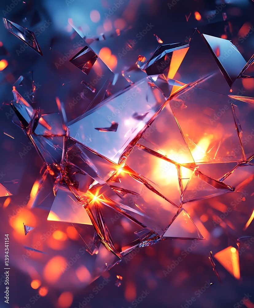 Abstract composition of fractured reflective glass elements with bright lighting