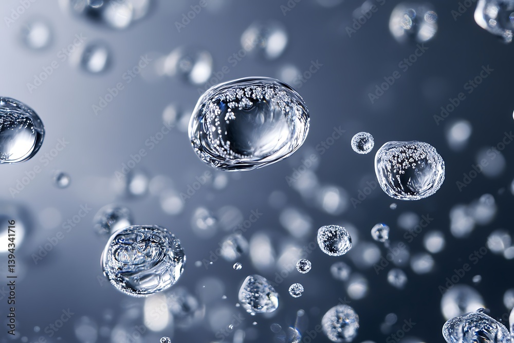 Numerous transparent and reflective water bubbles suspended in space