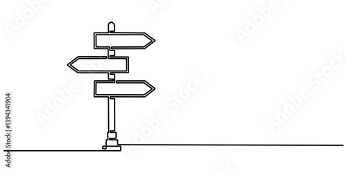 One Continuous line drawing of Road direction signpost arrows to the right and left and plate, Road Sign Single Line Icon, Road direction sign arrows isolated on white background.
