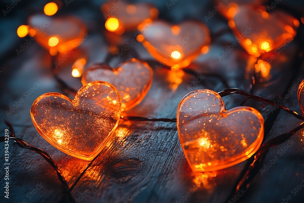 Illuminated heart shaped lights creating an enchanting ambiance in the darkness