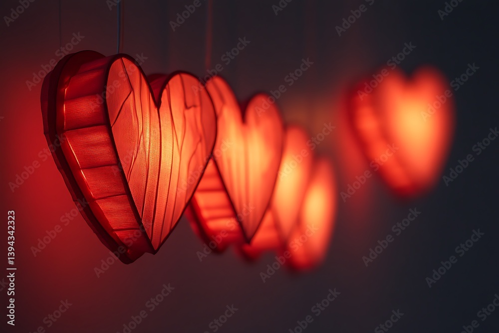 Illuminated decorative heart shaped lamps creating a warm romantic ambiance