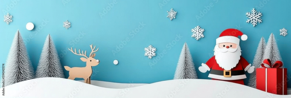 Whimsical Paper Craft Santa Claus and Reindeer Scene in Snowy Landscape