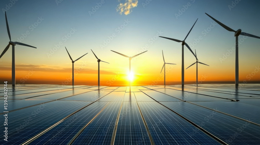 solar panels with wind turbines and sunset. concept clean energy in nature