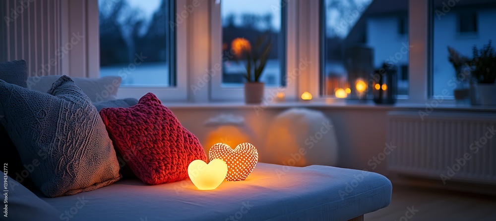 Illuminated heart decorations and cushions are on a sofa in a cozy room